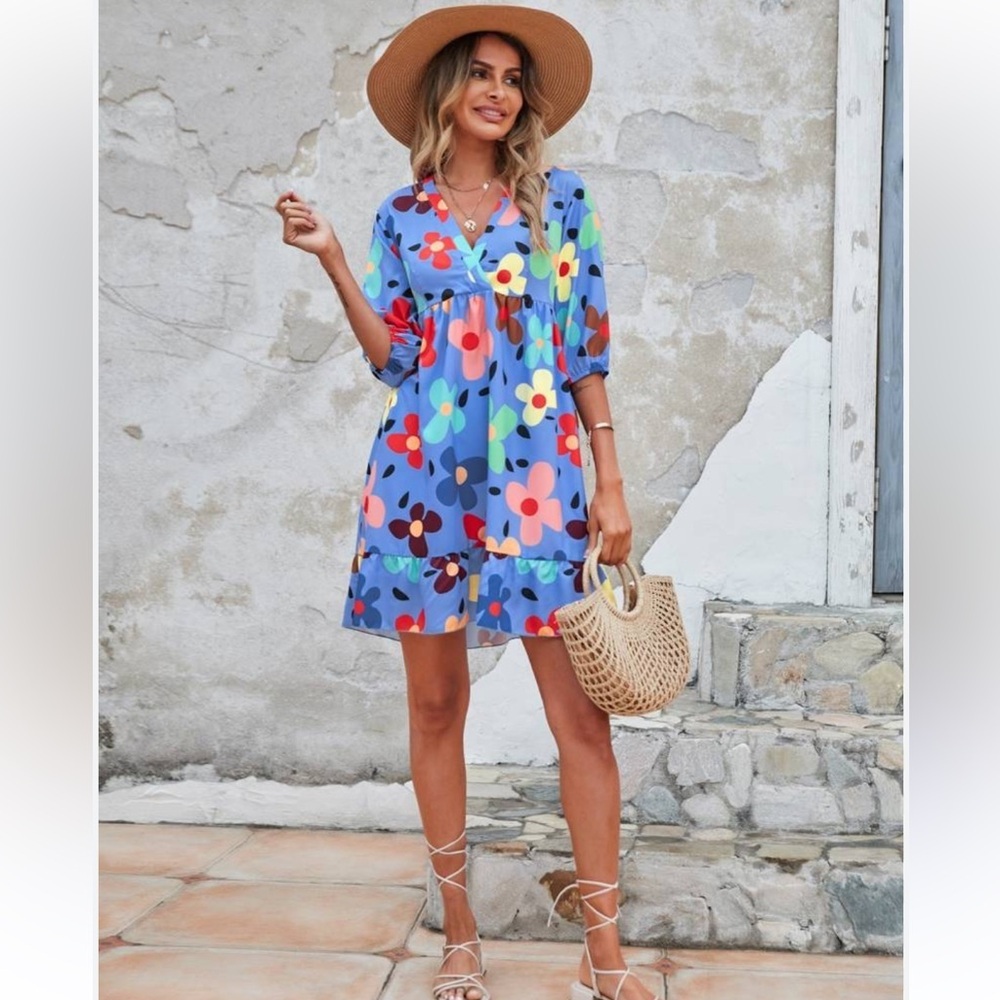 Bright Floral Blue Dress/Beach Cover, Sz L